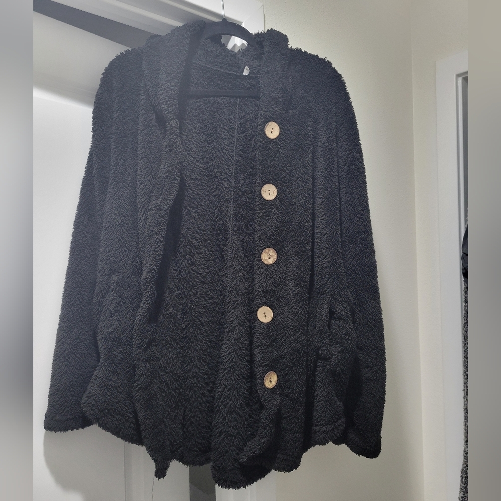 Cozy Black Furry & Fuzzy Button Front Cat Ear Jacket
